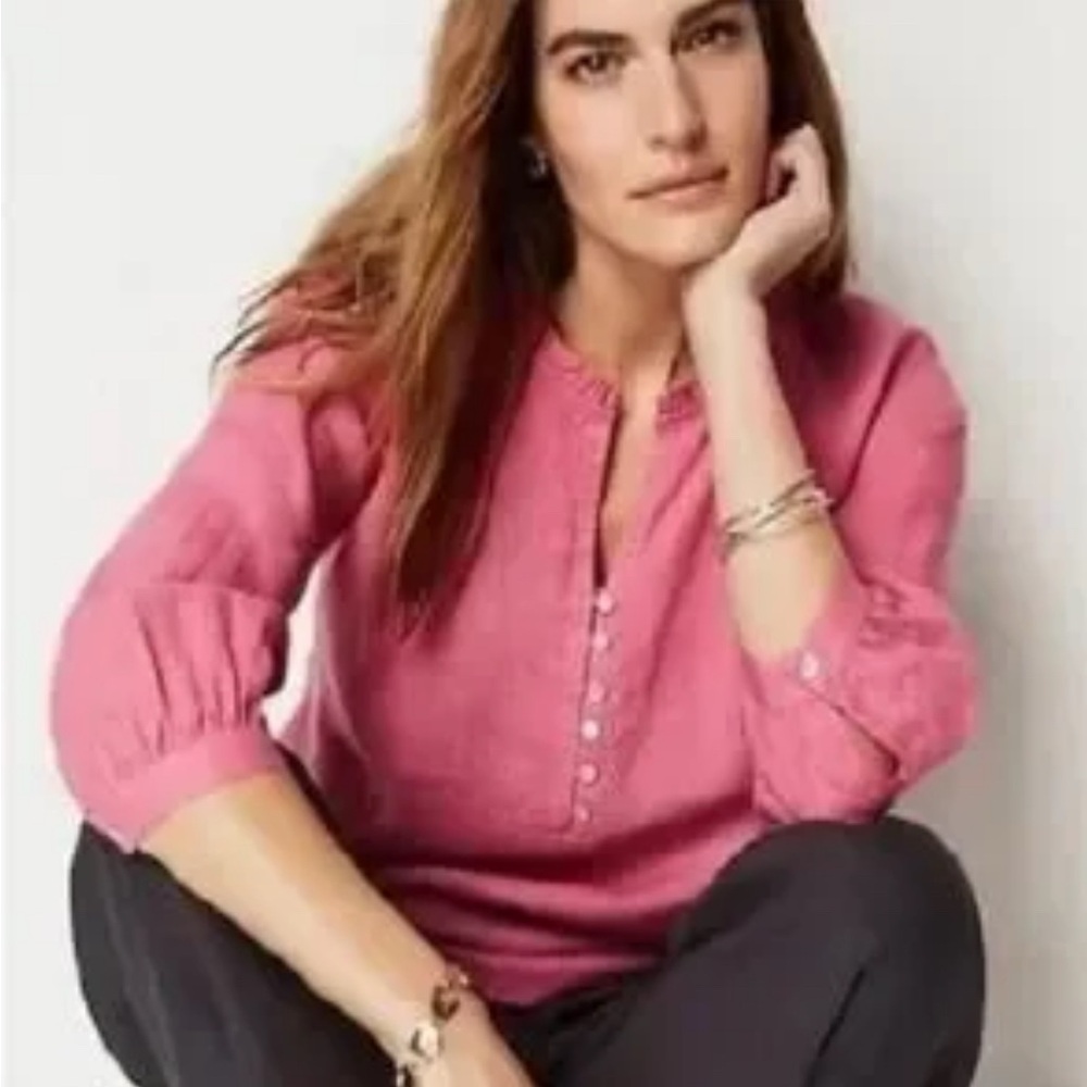 J. Jill Pink 100% Linen Split Neck Button Up Relaxed Popover Top Misses
